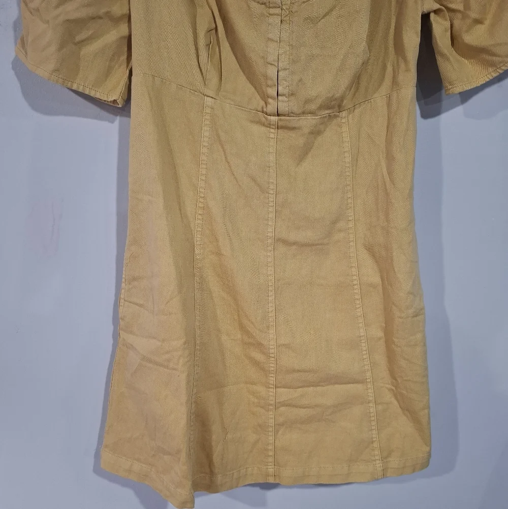 Free People Cheyenne Denim Mini Dress Babydoll Smocked Pockets Puffer Sleeve S